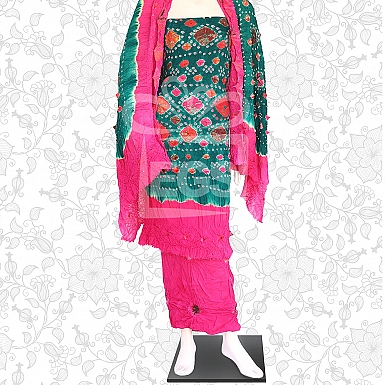 Sea Green and Pink Linen Chunri Dress-Unstitched